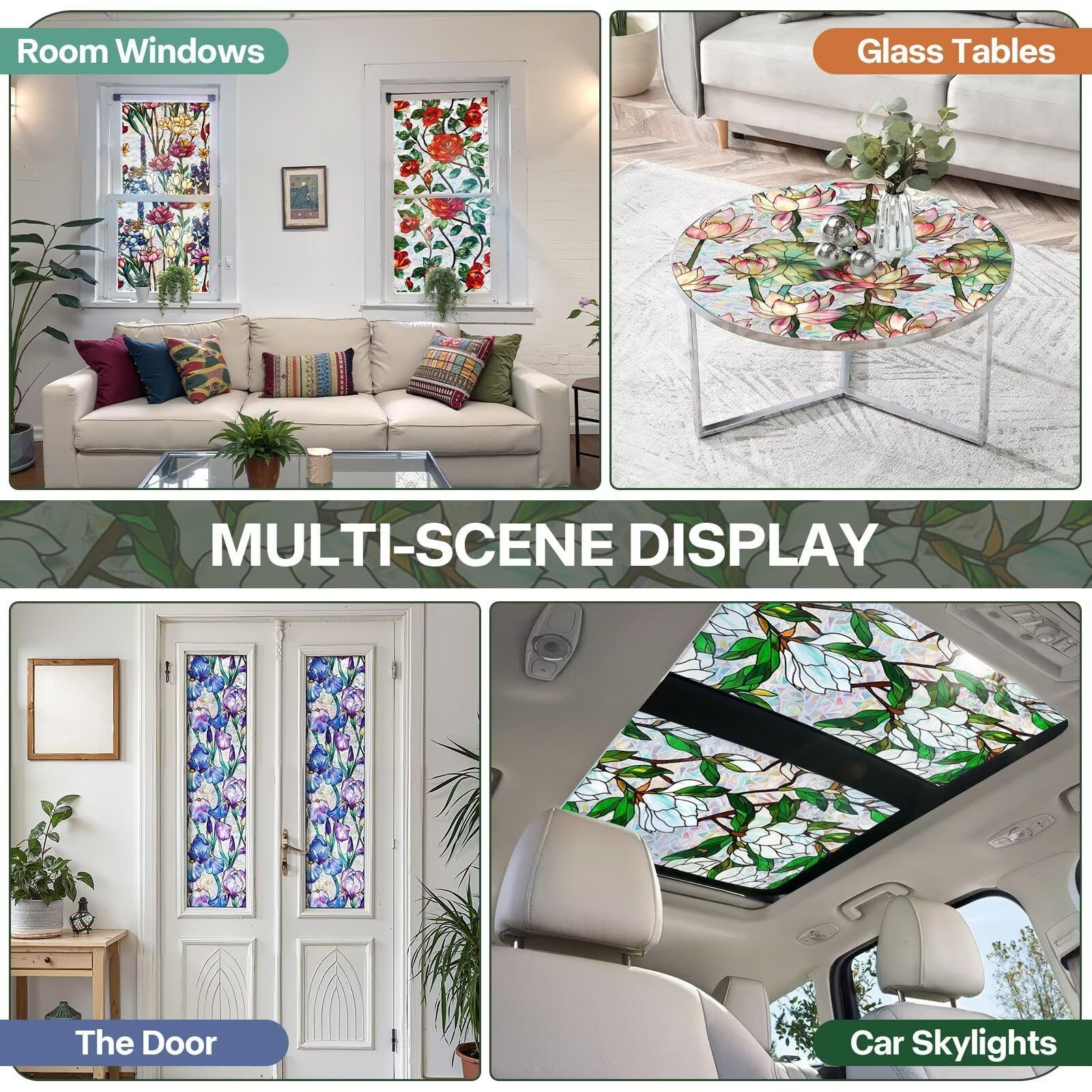 Stained Glass Window Film UV Resistant Window Privacy Film Colorful Flowers P…