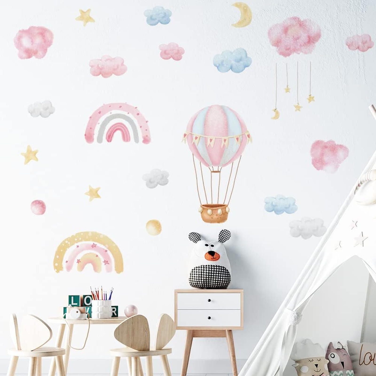 Rainbow Hot Air Balloon Wall Decals Pink Clouds Moon Stars Watercolor Kids