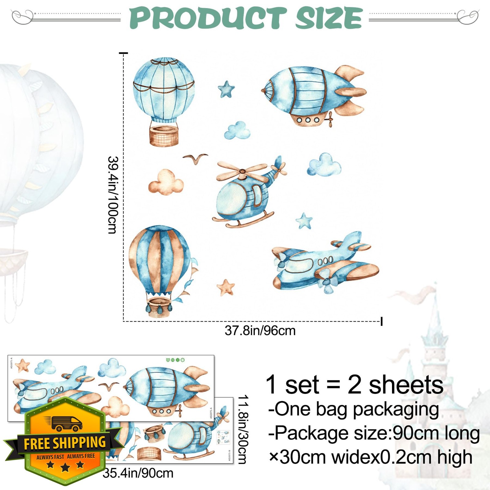 Buiory Hot Air Balloon Airplane Wall Decals Kids Nursery
