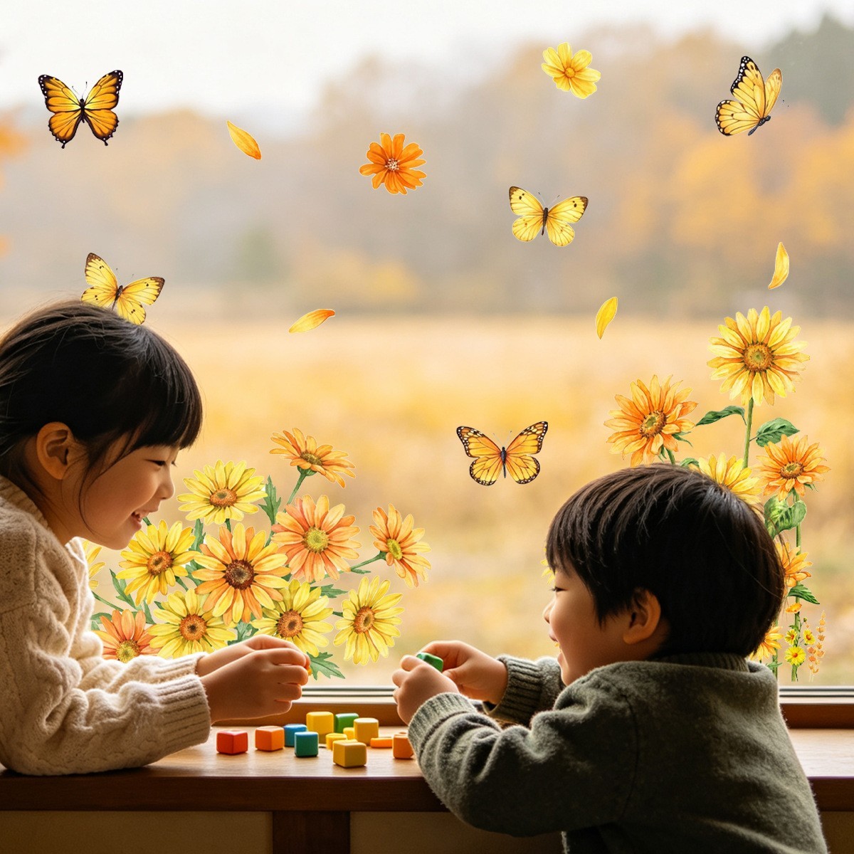 Static Cling Window Decals Sunflower Butterfly – Decor No Glue 2 Sheets