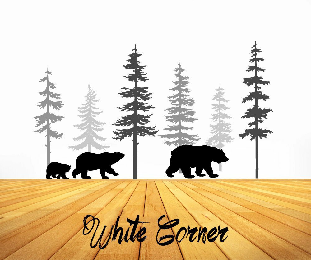 Pine Tree Wall Decals – pine Tree Wall Decals, Forest Sticker, Bear Decal ga219