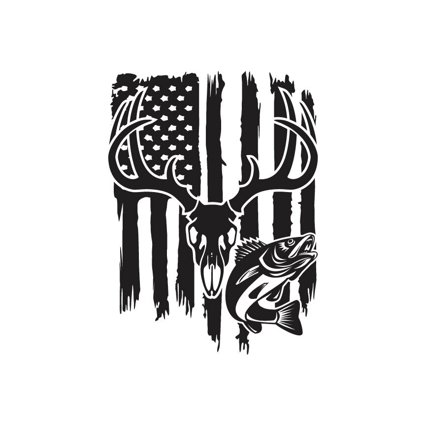 Distressed American Flag Buck Walleye Hunter Fish Whitetail Decal Sticker