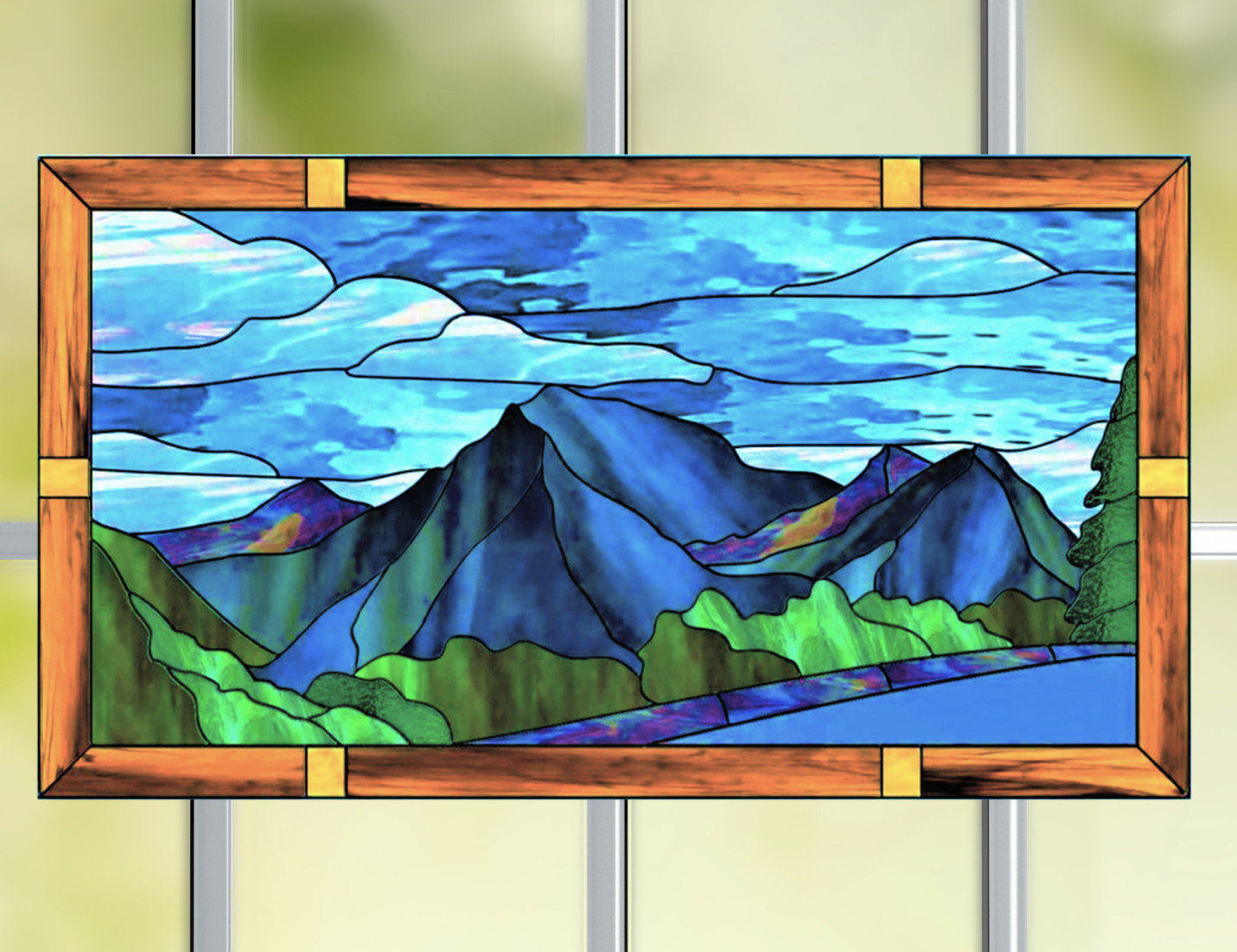 Scenic Mountain Faux Stained-Glass WINDOW CLING Size 10.6″ Repositionable Vinyl