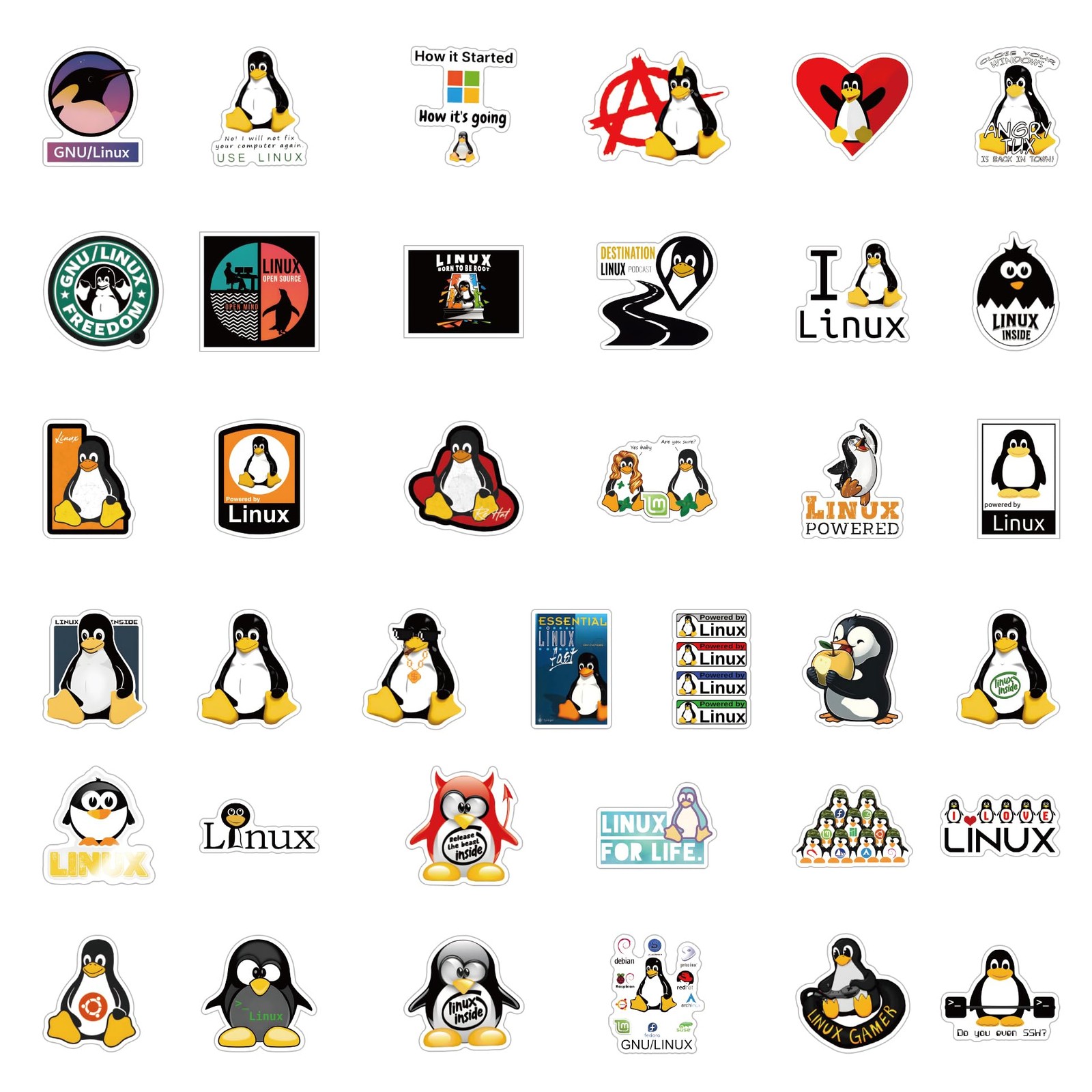Linux Stickers 62pcs Work Decals Aesthetic Waterproof Vinyl Pack White