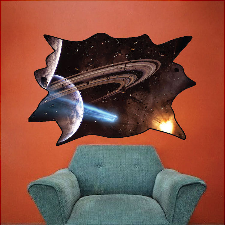 Outer Space Wall Decal Mural Astronaut Spaceship Saturn Planet Kids Room, c95