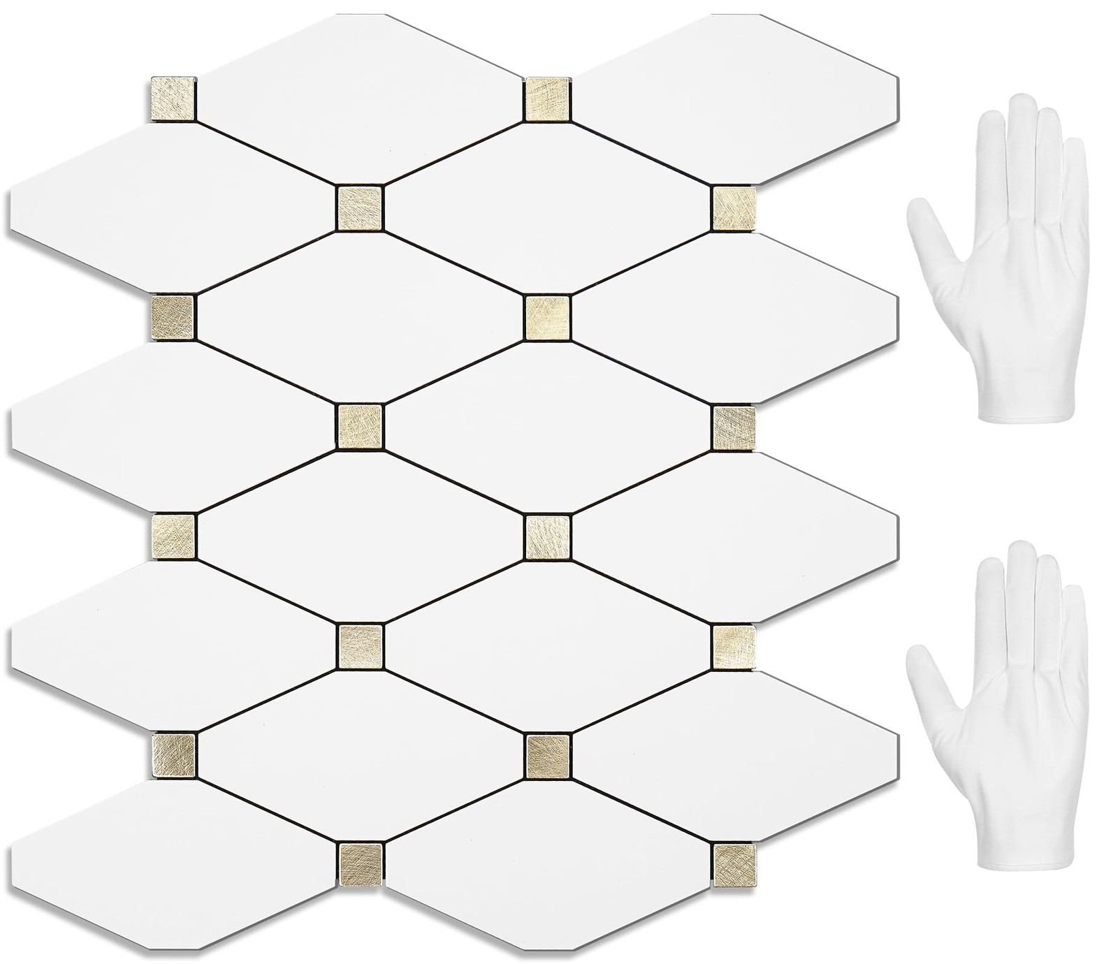 10 Sheets Peel and Stick Backsplash, Pure White Marble Look PVC Mixed Metal G…