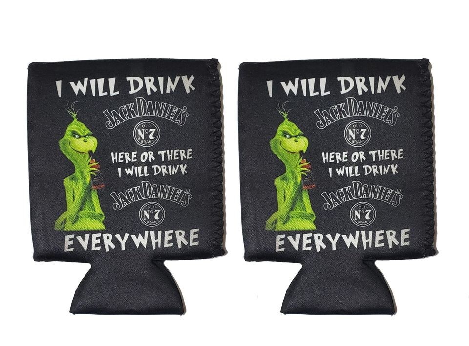 Grinch Christmas Jack Daniels beer can koozie set of 2 gift ideas