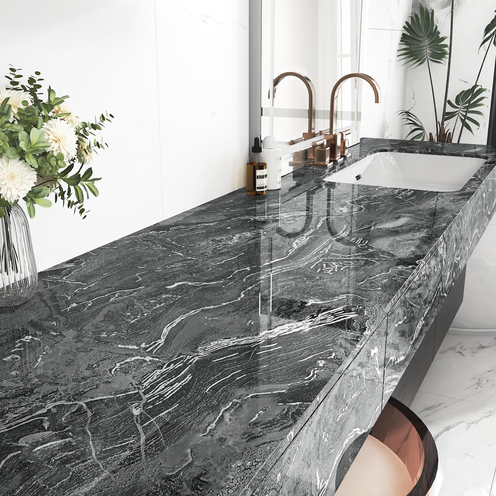 Glossy Black Marble Paper for Countertops 15.8”x236” Silver Granite Peel an…