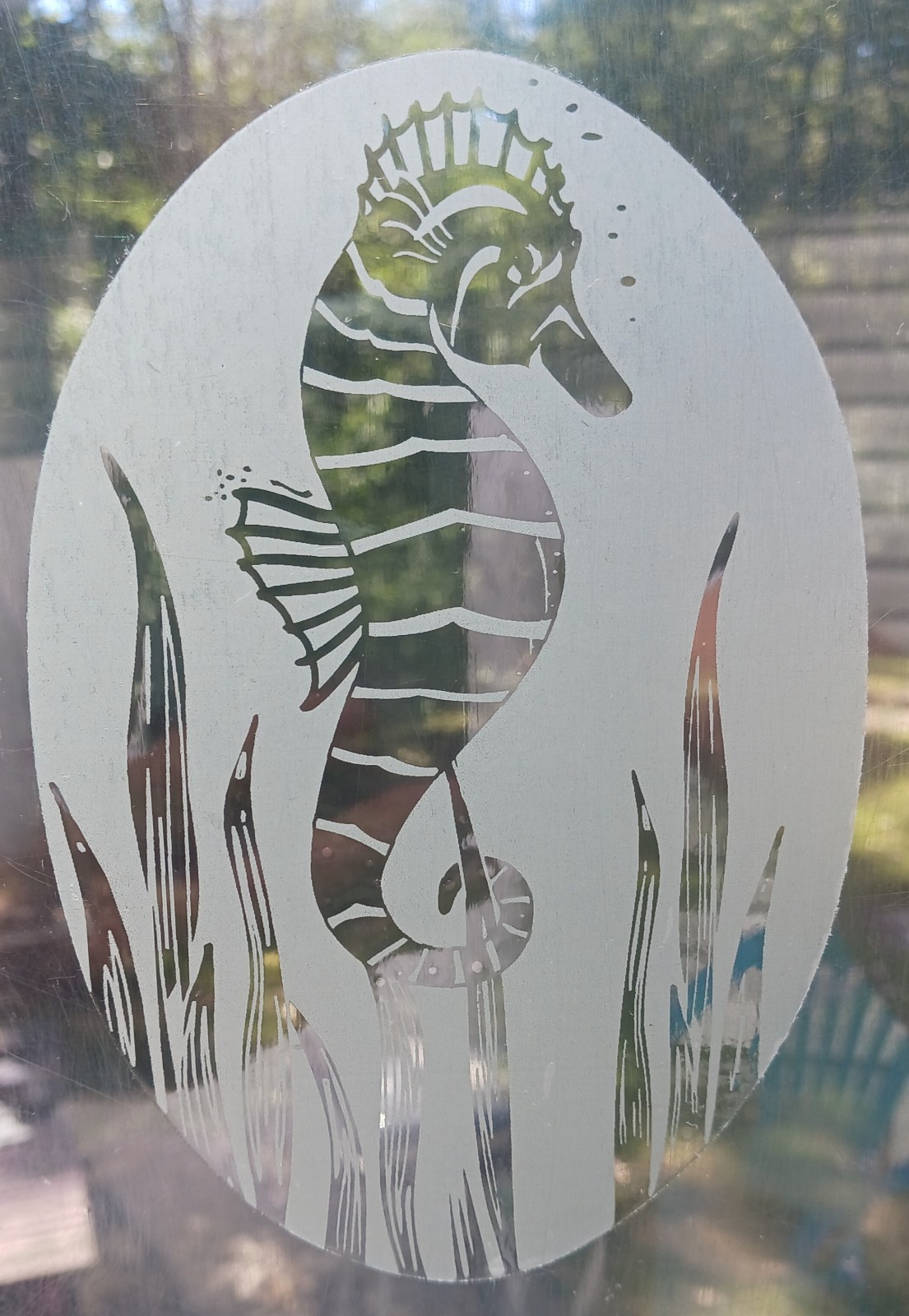 Seahorse Window Decal 4″x6″ OVAL Etched Glass Look Cling Removable & Reusable 34