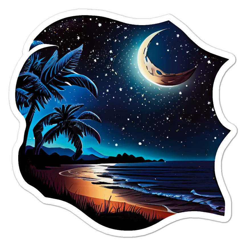 Moon Stars Beach, Vinyl Decal Sticker, Indoor Outdoor, 3 Sizes, #9801