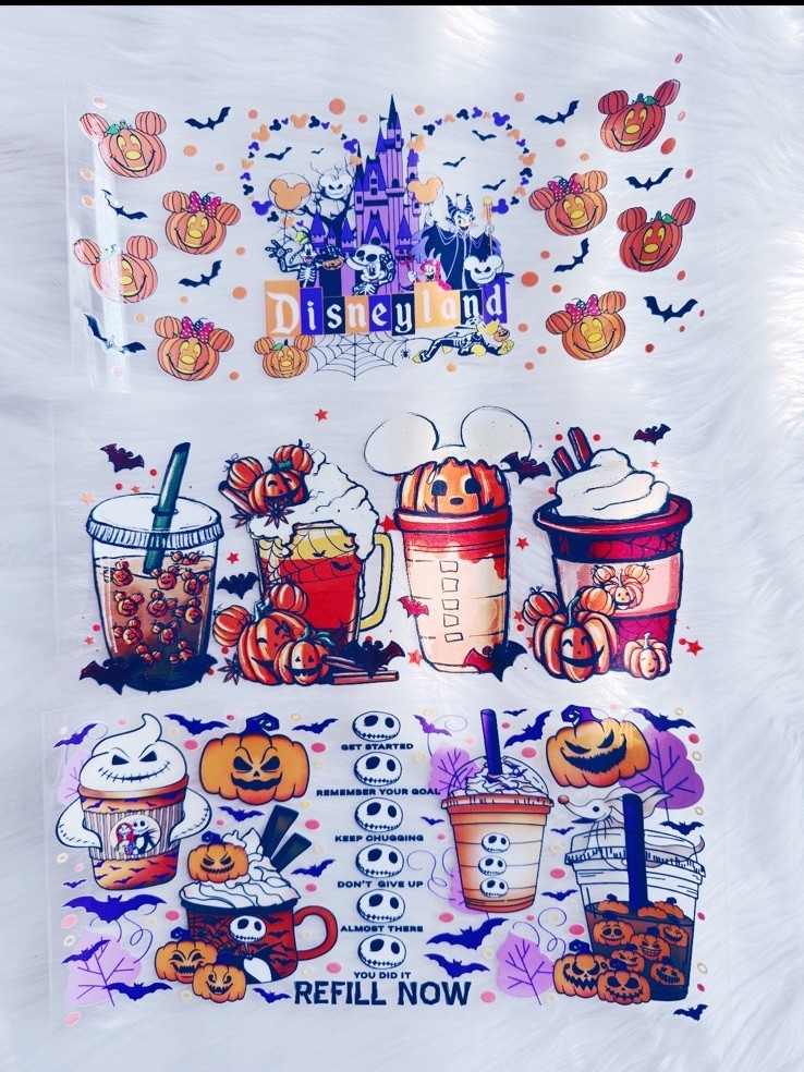 Halloween UV DTF Cup Wraps for 16 oz Glass Cups, 3 Sheets Rub on Transfers f