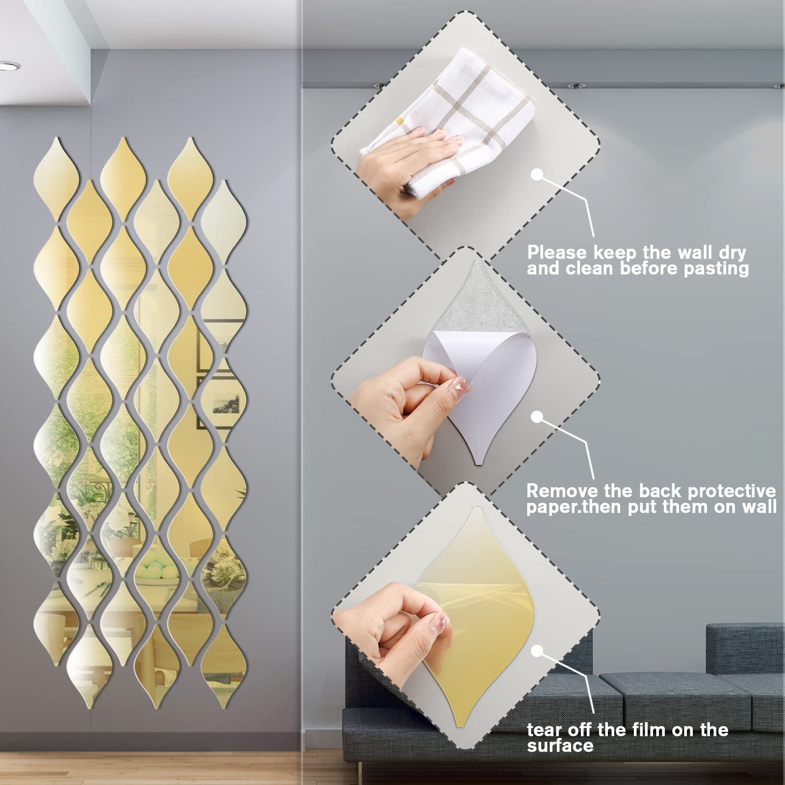 30 Pcs Mirror Wall Stickers Decor Acrylic 3D Tear Drop Decorative Mirrors Sticke