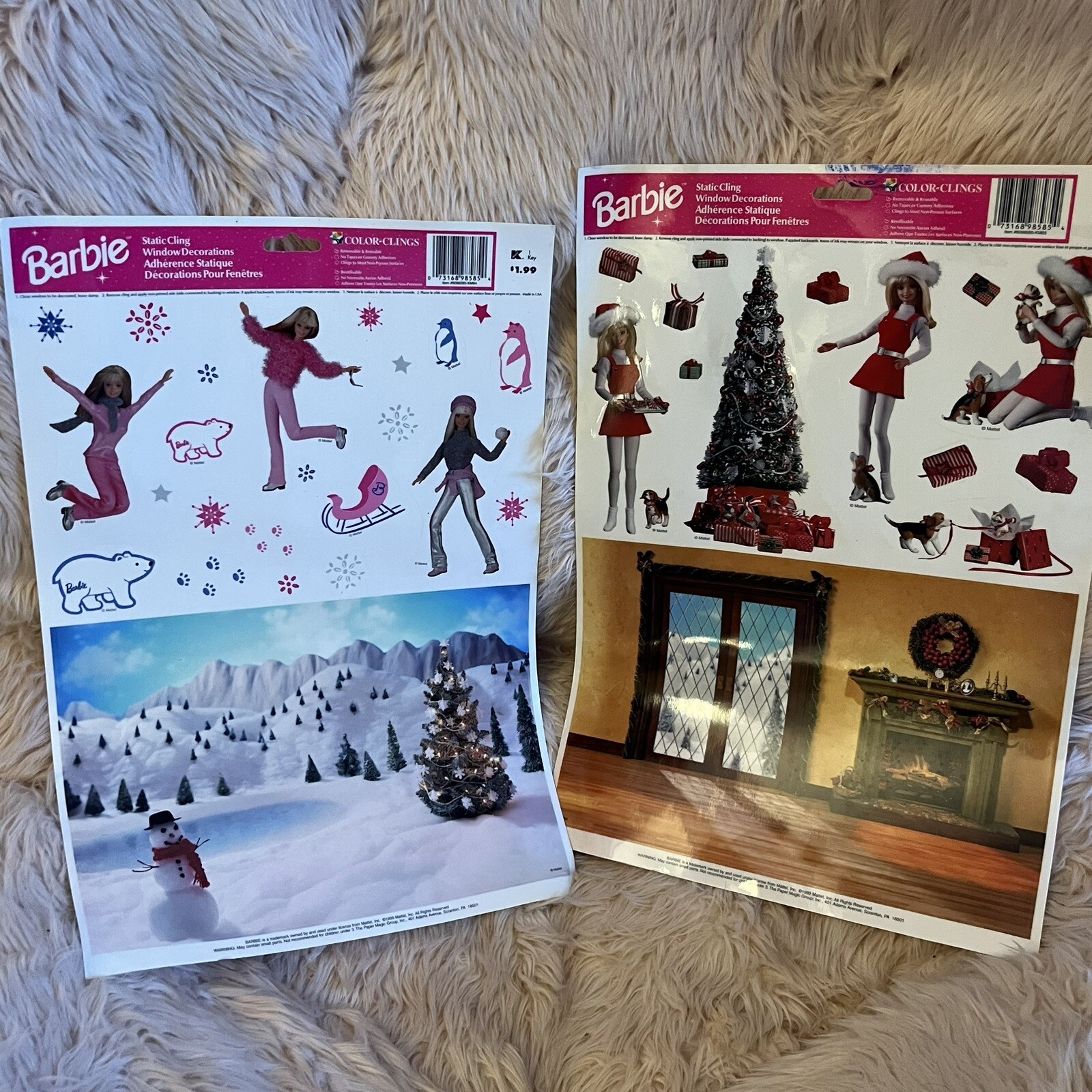 1999 Mattel BARBIE Doll Static Cling Window Decorations Happy Holidays set