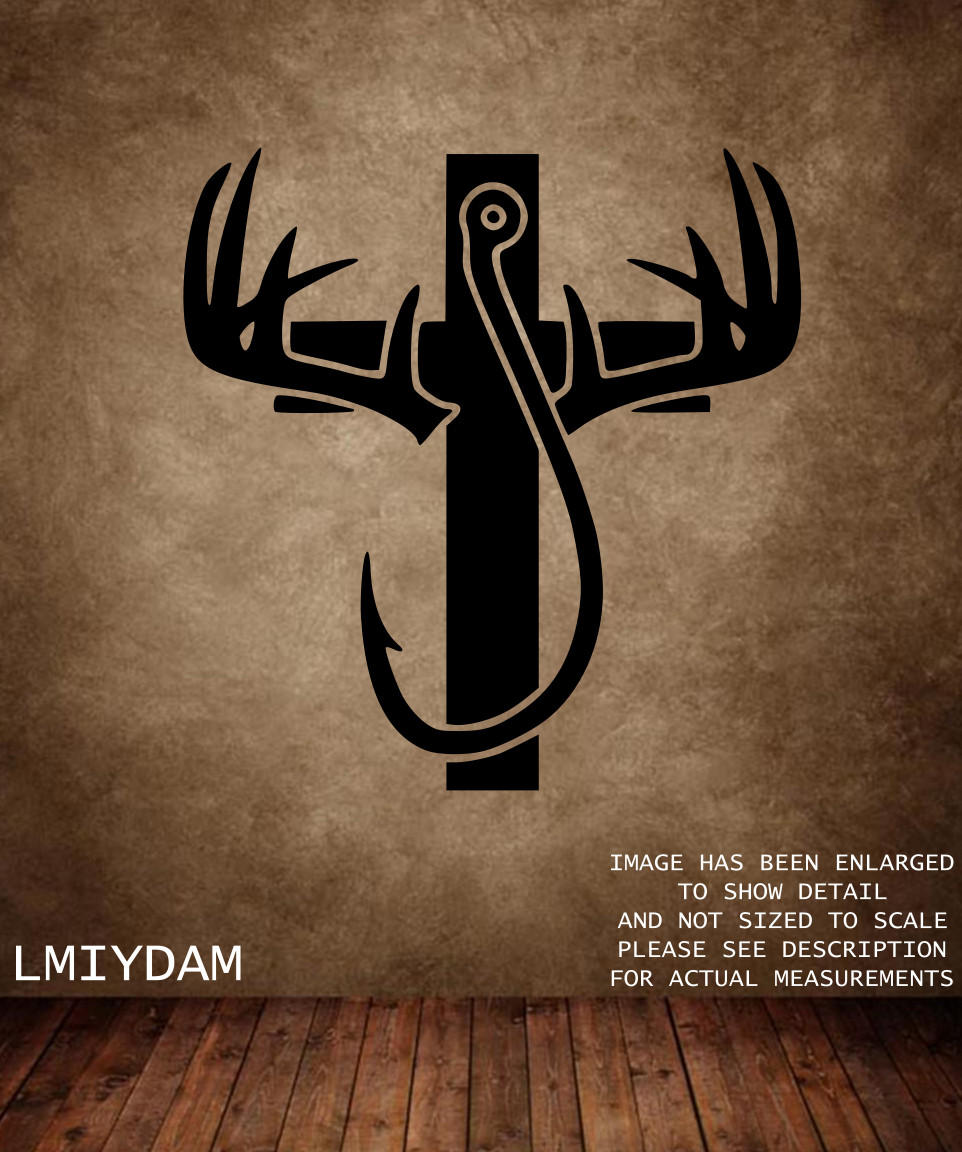 FISH HOOK DEER ANTLERS CROSS COUNTRY WALL VINYL DECAL LARGE 22X23″ COLOR CHOICES