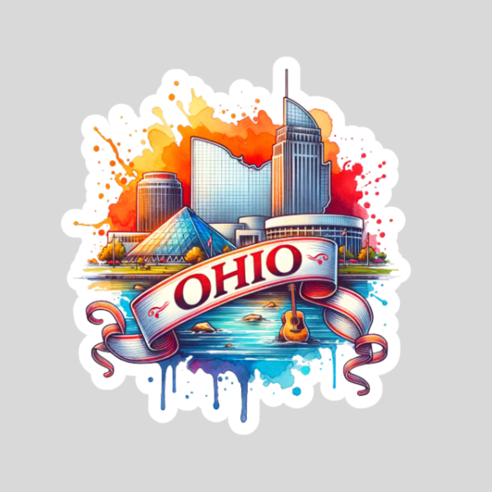 Ohio Sticker Vinyl Decal City Skyline Landmark River Guitar Urban Travel
