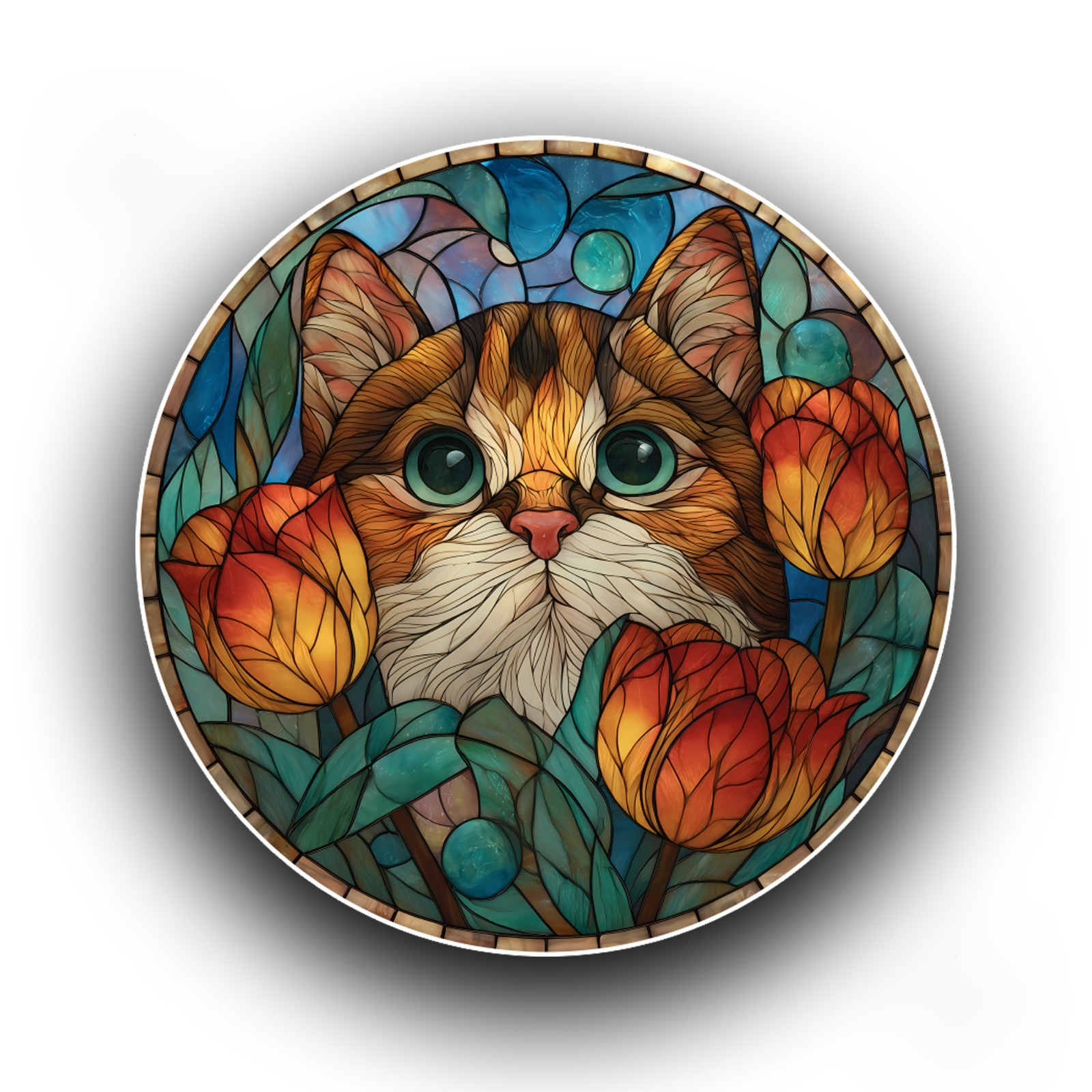 Singapura Cat Tulip Spring Meadow Stained Glass Style Opaque Vinyl Sticker Decal