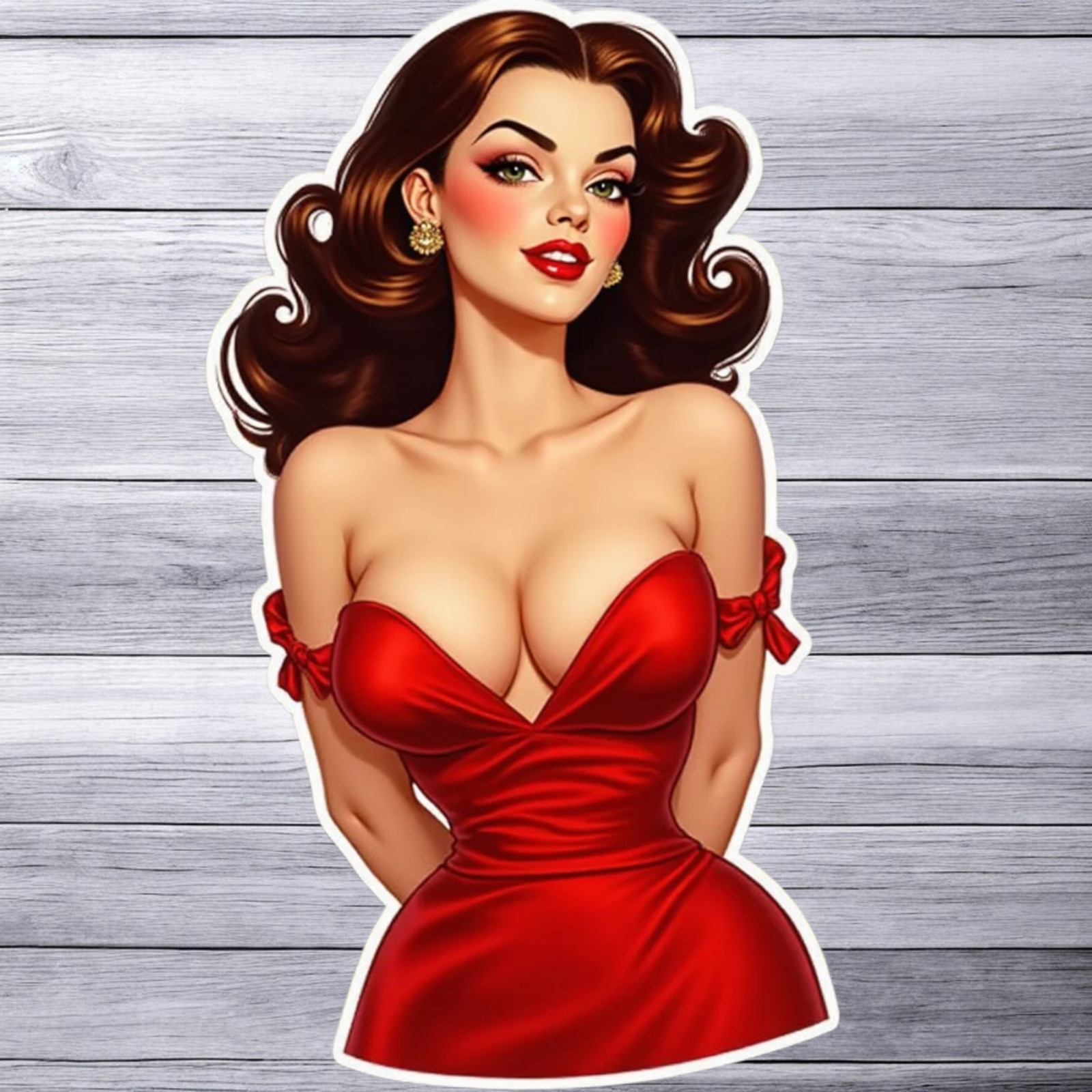 Pinup girl sticker vinyl decal retro red dress classic vintage glamour brunette