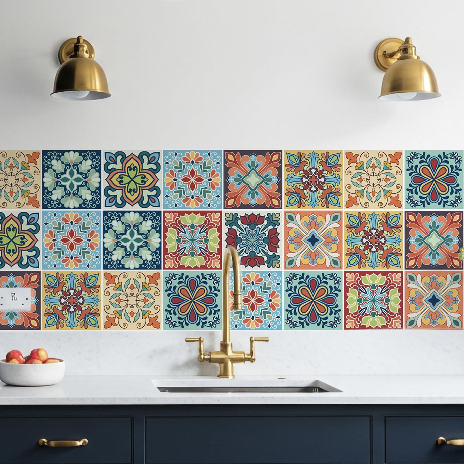 30 Pack, 4×4 Inch Colorful Bohemian Tile Stickers, Peel and Stick Patchwork V…