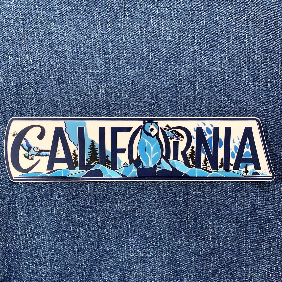 California Sticker – Forest Nature Mountains Bear Owl Salmon Vinyl Decal 7.5″