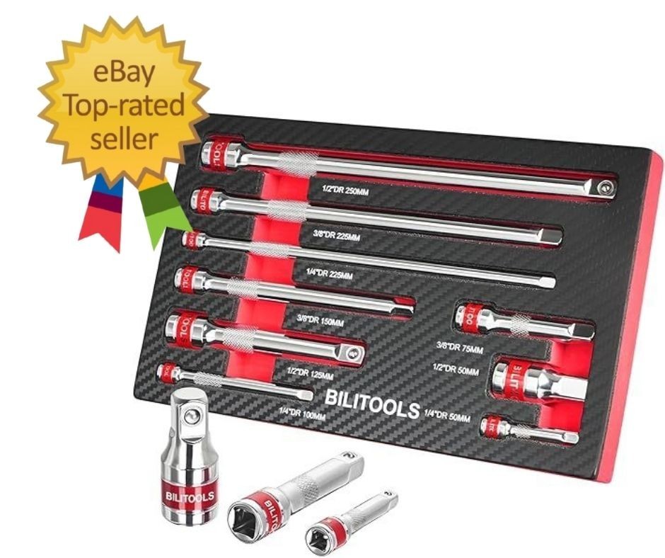 9 PCS Ratchet Extension Set, 1/4″ 3/8″ 1/2″ Drive Extension Set, CR-V Steel wit