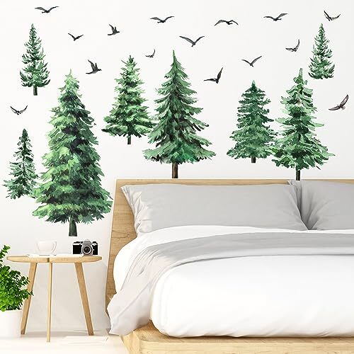 Watercolor Pine Tree Wall Decals Large Tree Wall Sticker Peel and Classic Style