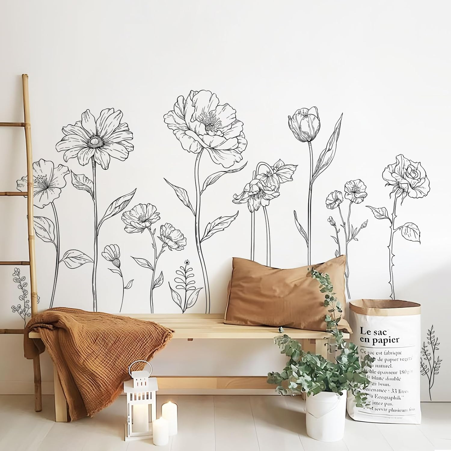 Large Black Boho Flower Wall Decals, 3 Sheets Simple Sketch Floral Wall