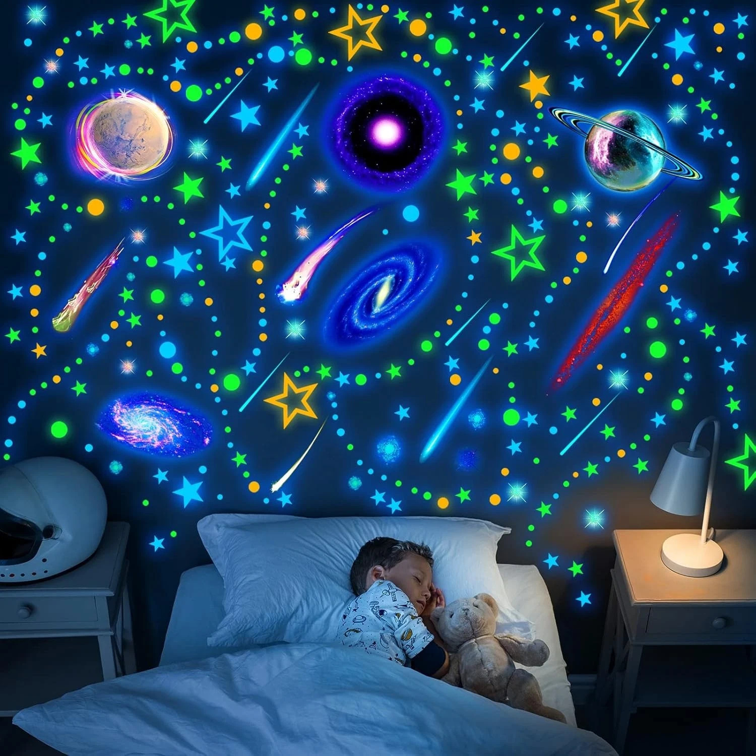 495 Pieces Glow in The Dark Moons and Stars Wall Decals for Ceiling, Removable