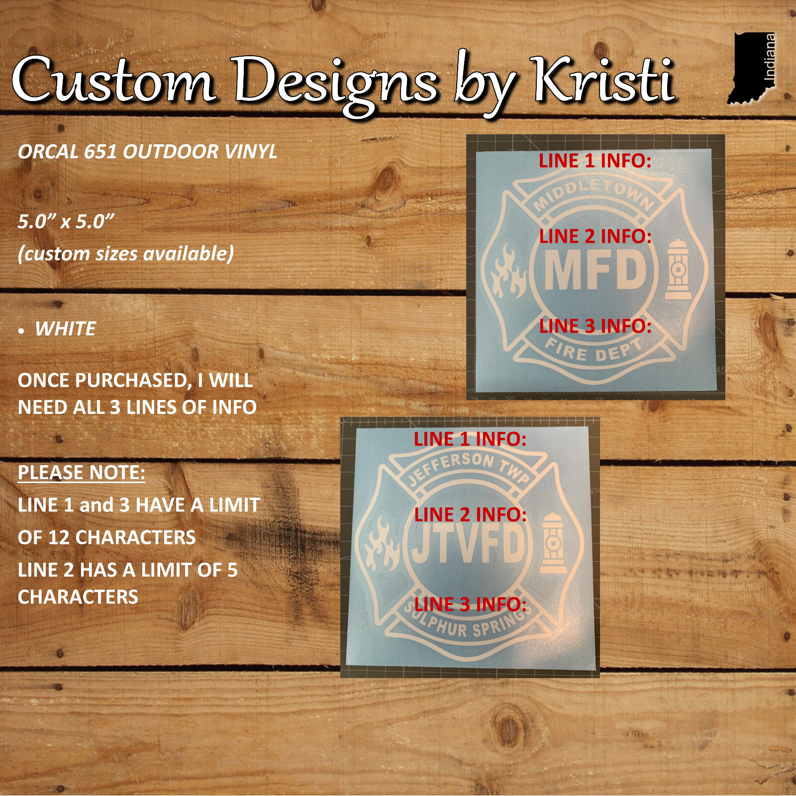 Custom Fire Department Decal(s) – Oracal 651 Outdoor Vinyl – 5.0″ x 5.0″