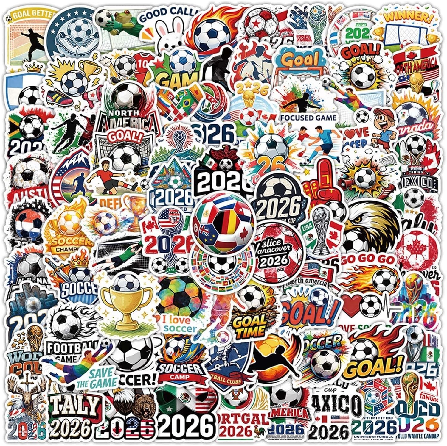 100PCS Soccer Stickers Pack Waterproof Vinyl World Cup Decals for Water Bottles.