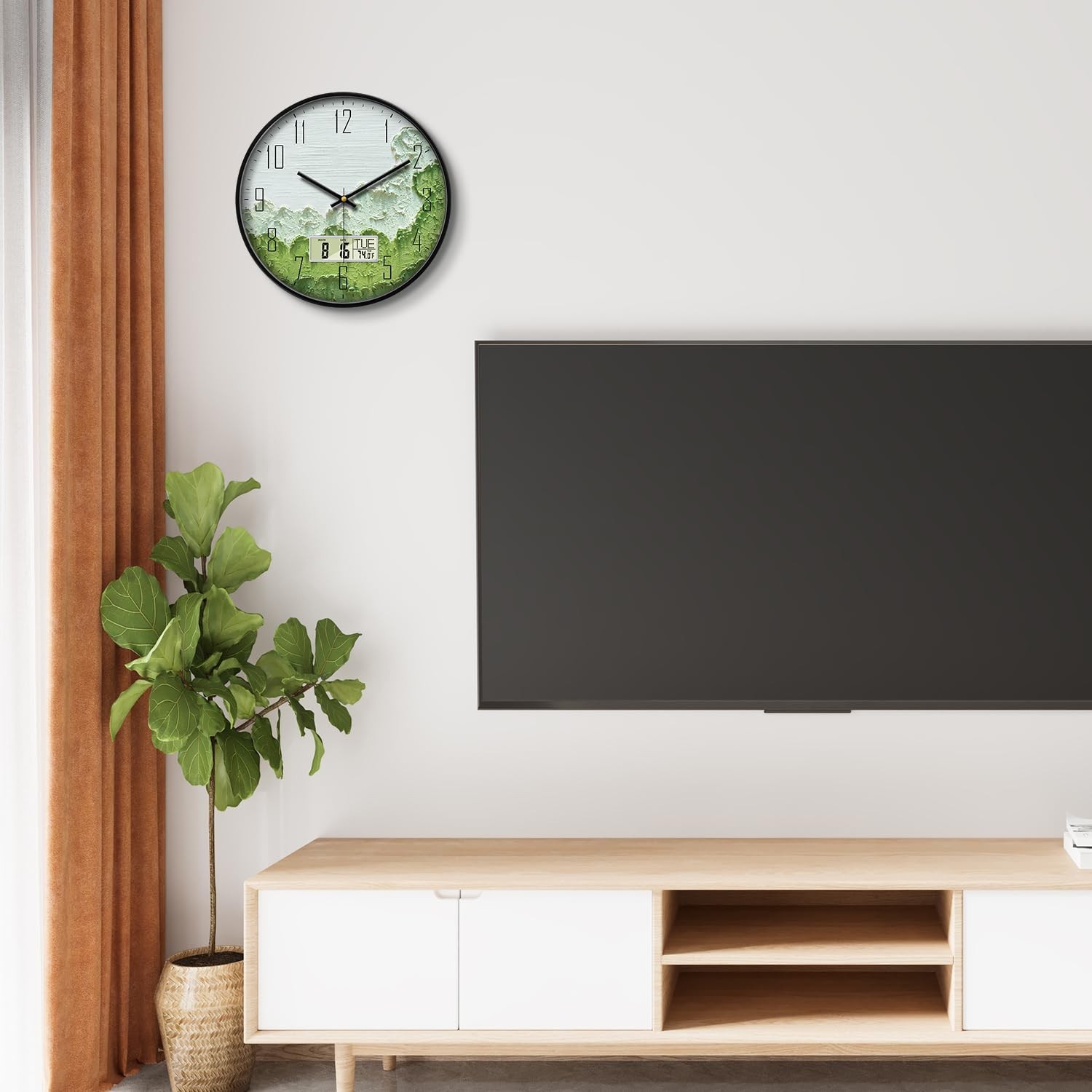 Modern Wall Clock with Temperature Green Forest Large Display Non-Ticking Bat…