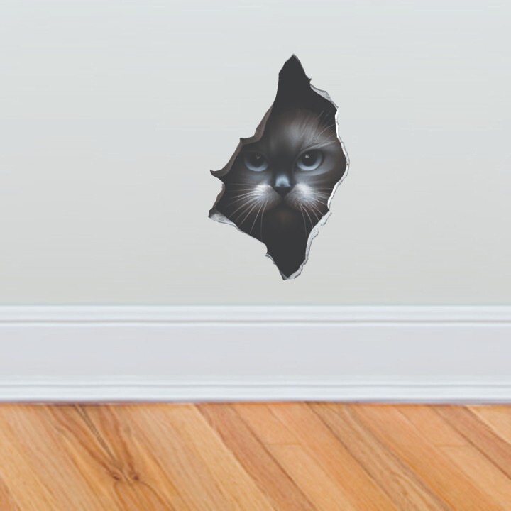 Grey Cat Peeking Through Hole in Wall – Wall Decal High Quality Removable Vinyl