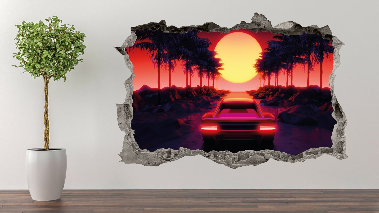3D Sunset Car Wall Decal Broken Wall Effect Vinyl Sticker Palm Tree Art M-90