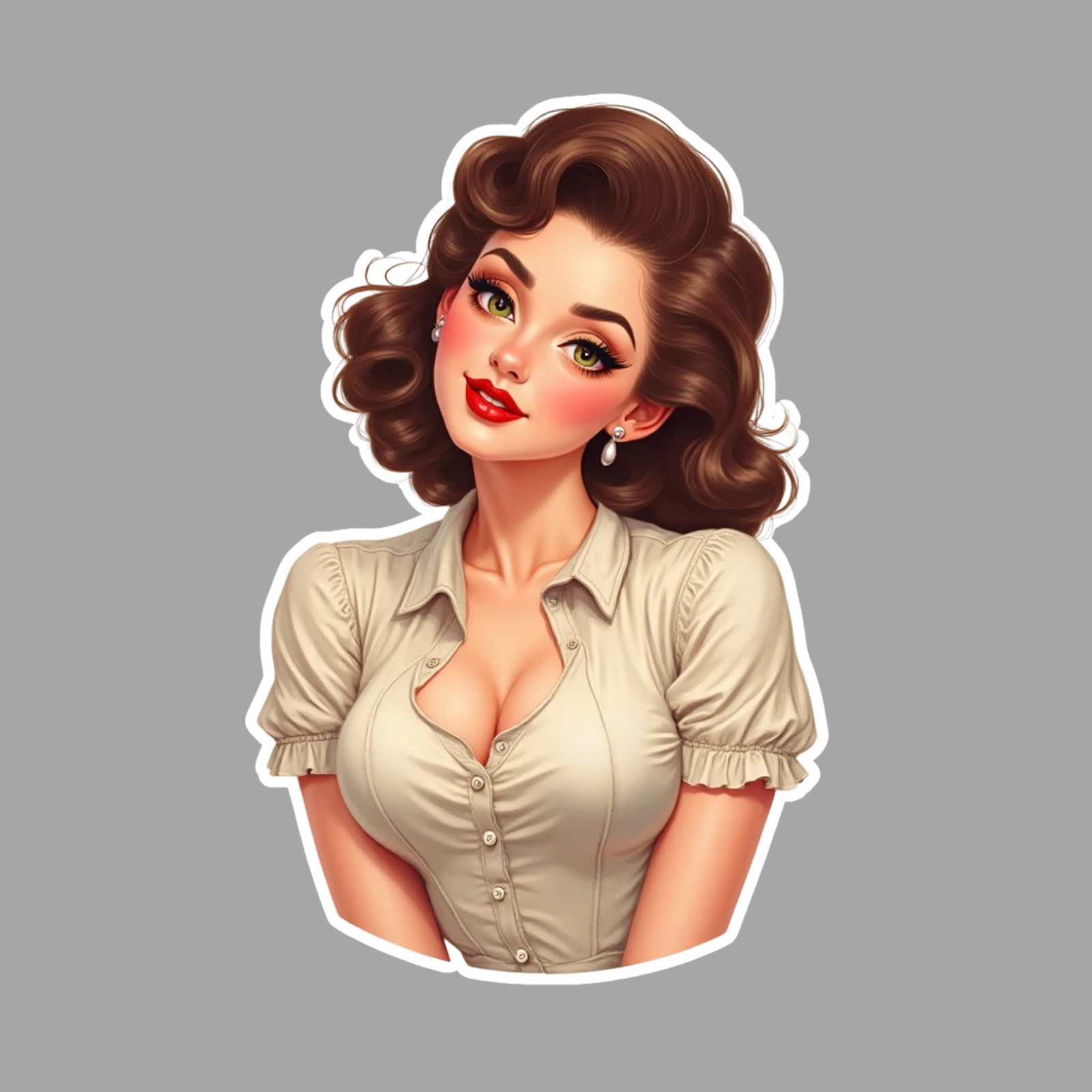 Pinup Girl Sticker Vinyl Decal Brunette White Blouse Retro Curvy Classic Beauty