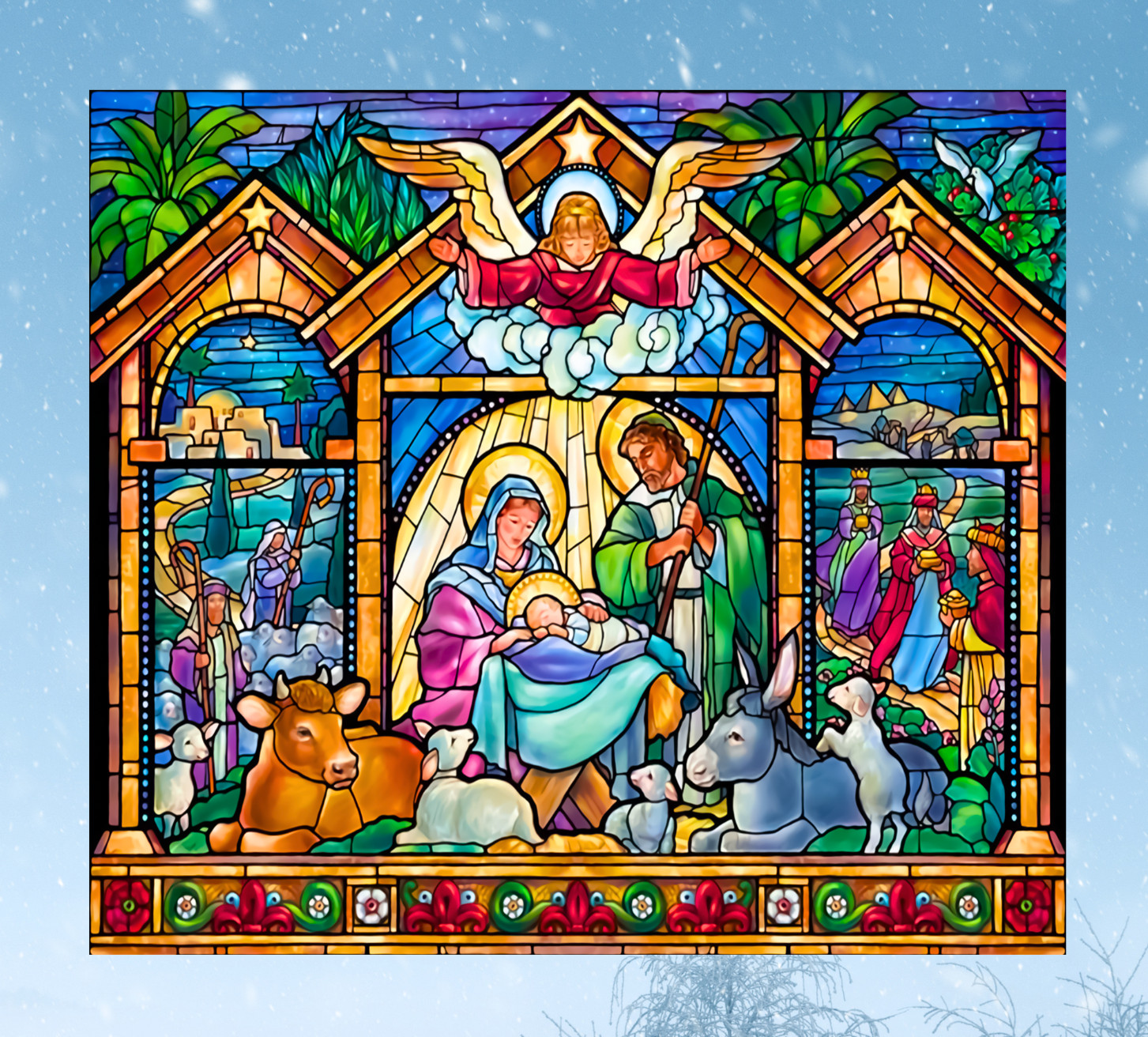 Christmas Nativity Scene Faux Stained Glass WINDOW CLING Size 9″ Vinyl