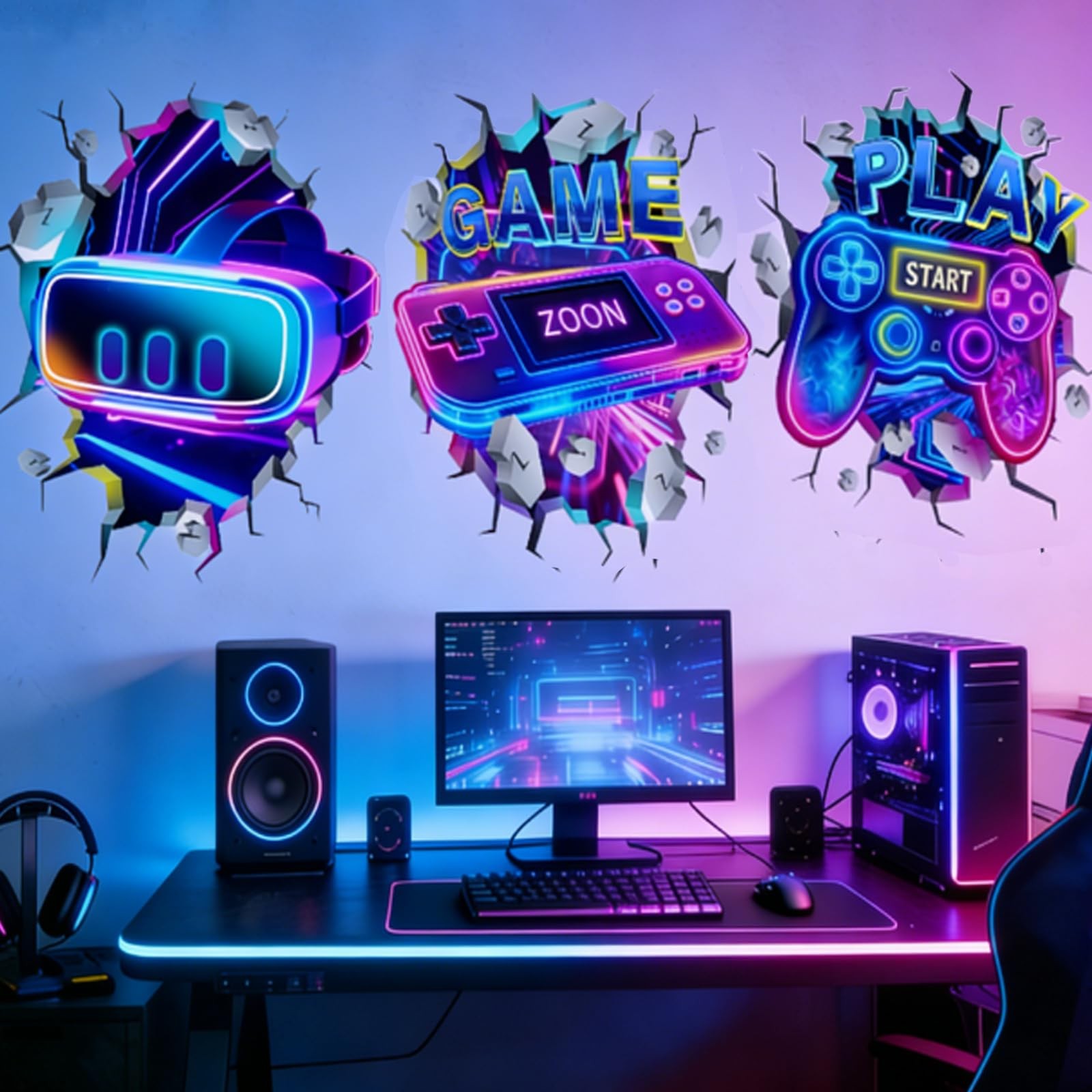 3D Game Room Decor Gaming Room Wall Decals Colorful Gamer Controller Video Ga…
