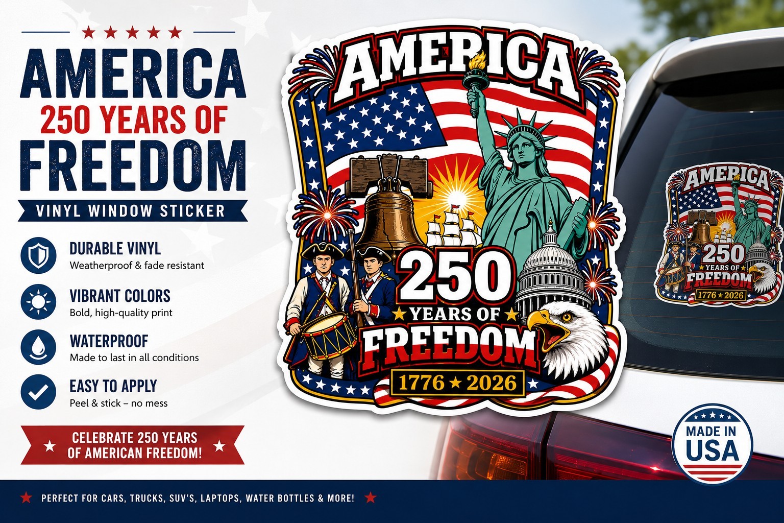 America 250 Adhesive Sticker | 1776–2026 Patriotic Decal | America’s 250 Years