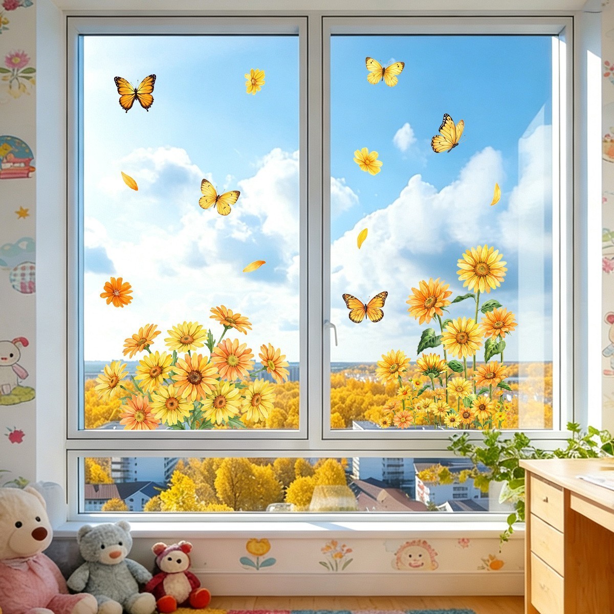 Static Cling Window Decals Sunflower Butterfly – Decor No Glue 2 Sheets