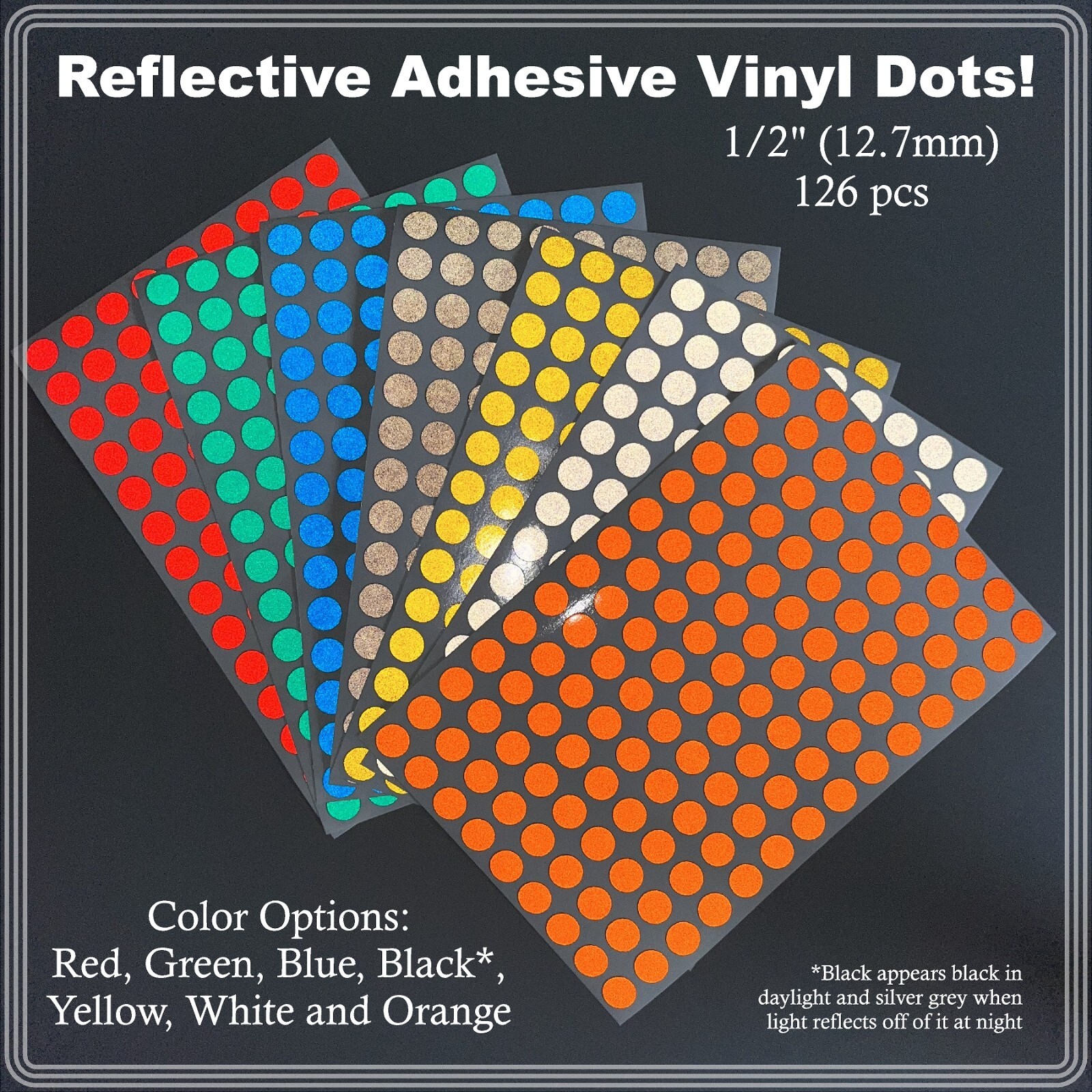 1/2″ (12.7mm) Reflective Adhesive Dots Sheets of 126 Stickers 7 Color Options