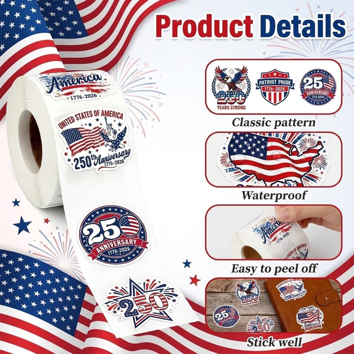500PCS Patriotic USA Stickers Roll American Flag 250th Anniversary Decals 2026