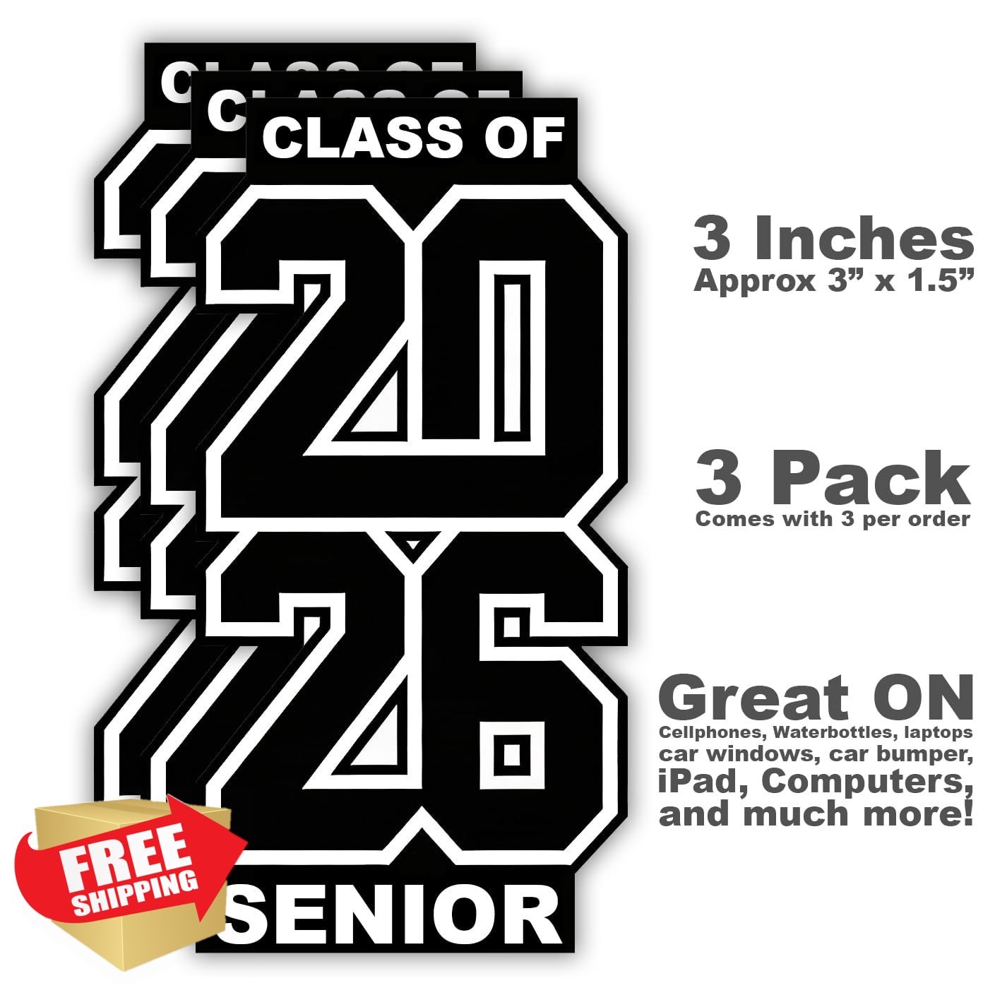 3 PCS Class of 2026 Stickers 3″ Vinyl Waterproof Black White Gift
