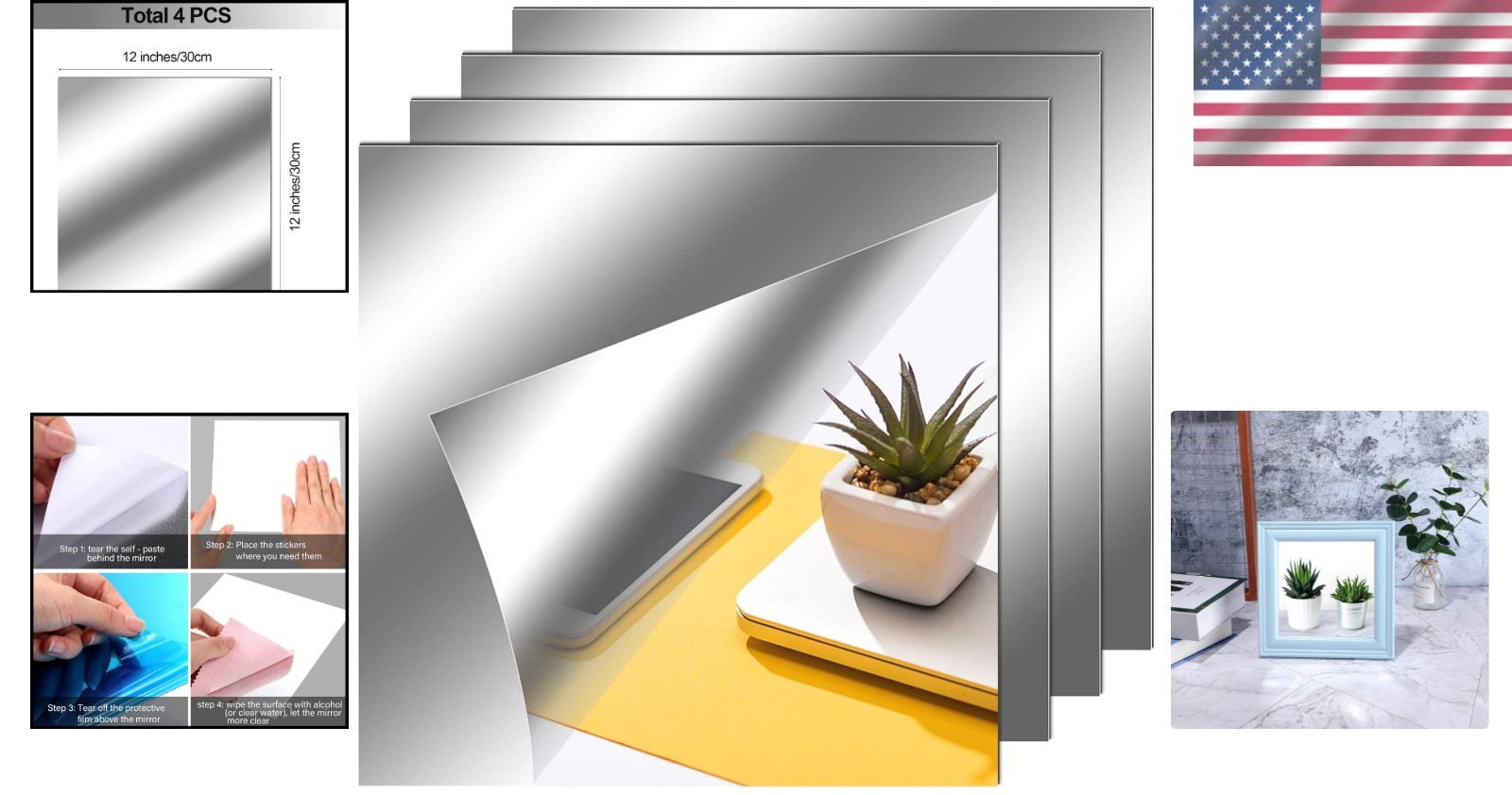 Square Self-Adhesive Mirror Stickers – 4 Pack, 12×12 Inches for Stylish Spaces