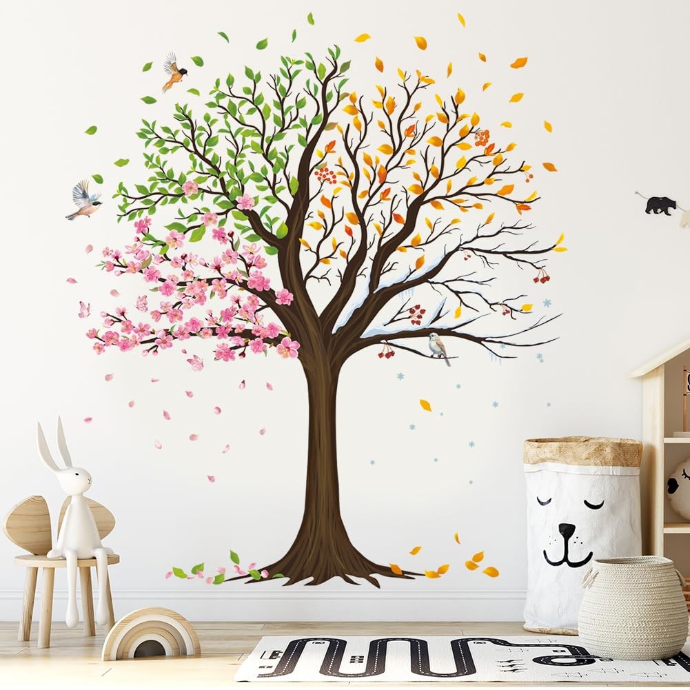 Large Tree Wall Decals Colorful Leaves Flower Wall Stickers Peel and Stick Wa…