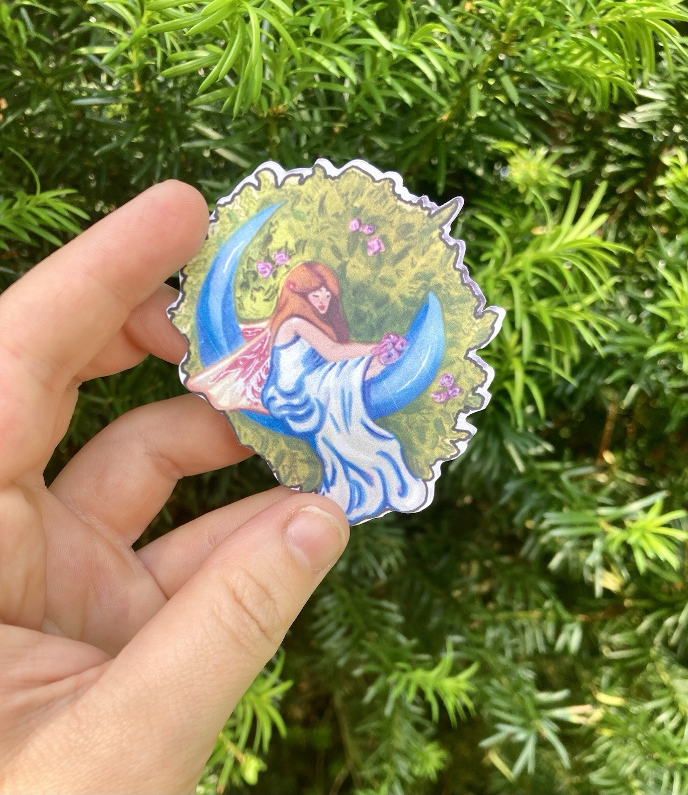 Fairy On The Moon Sticker, Whimsical Fairy Art Sticker, Romantic Fairy Gift