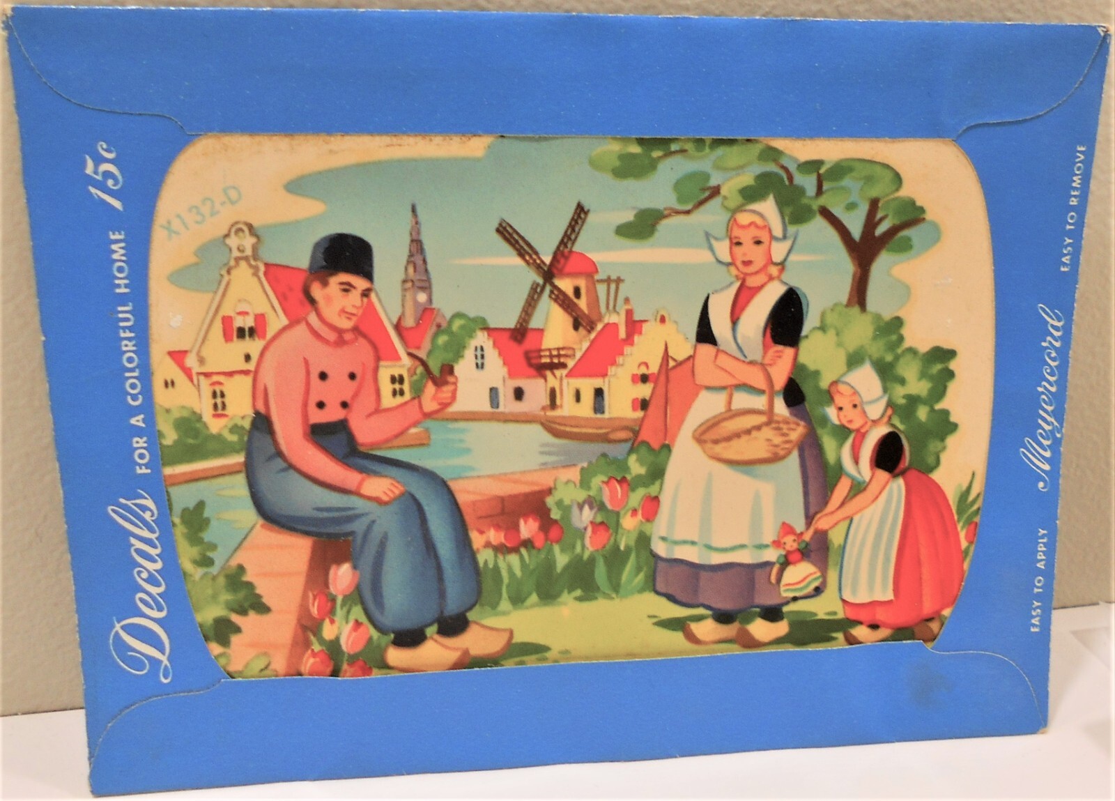 NOS Delacart Meyercord Decal Holland Dutch Family Scene Windmill Tulips 4″x 6″