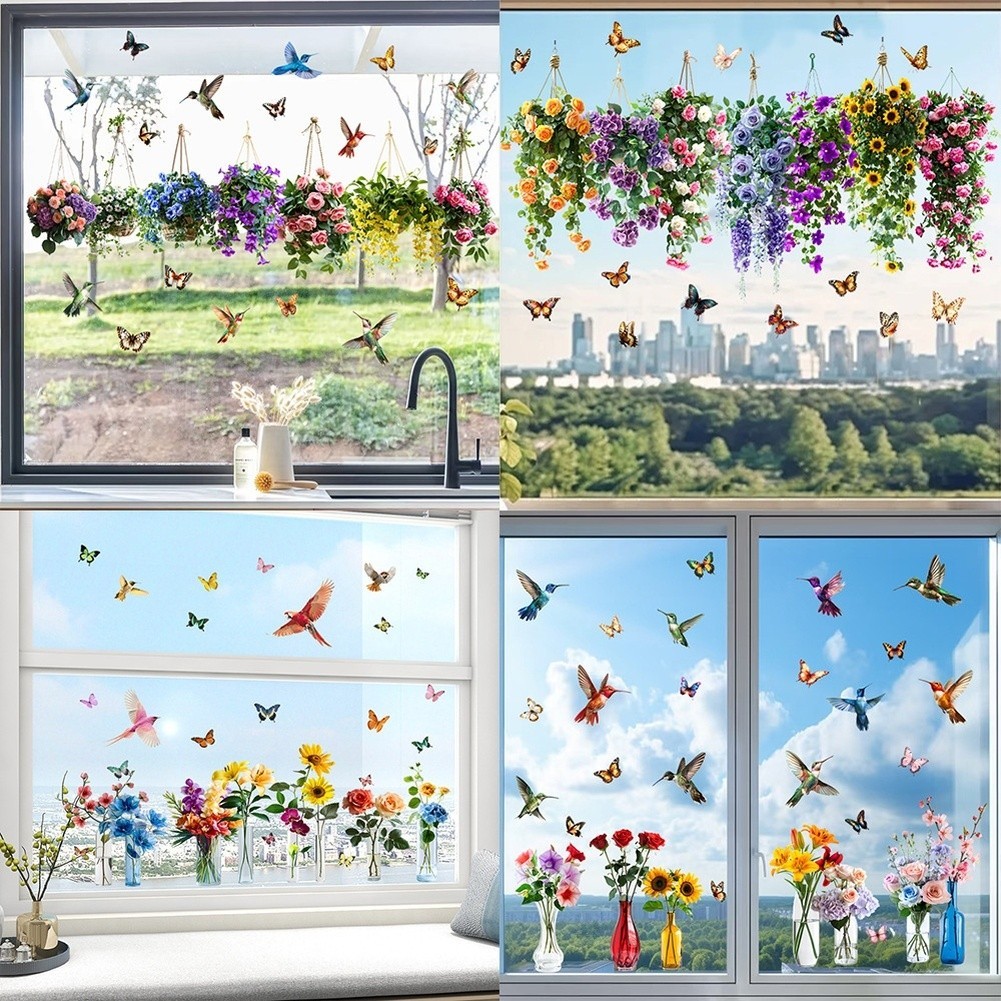 Floral Basket Birds Butterfly Static Cling Window Stickers Easy to Reposition