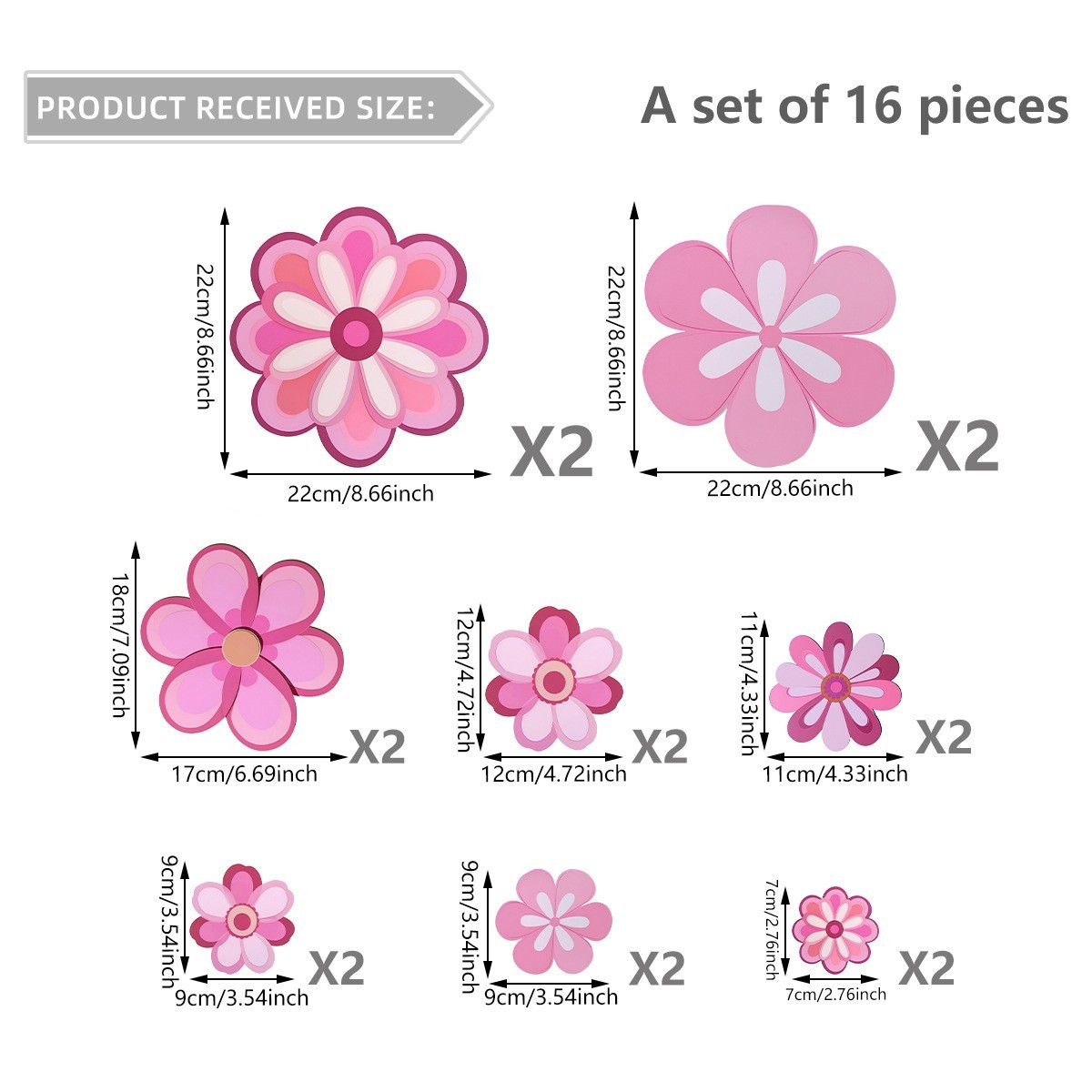 Floral Pink Wall Decals Set 16 Removable Vinyl Stickers for Room Decor