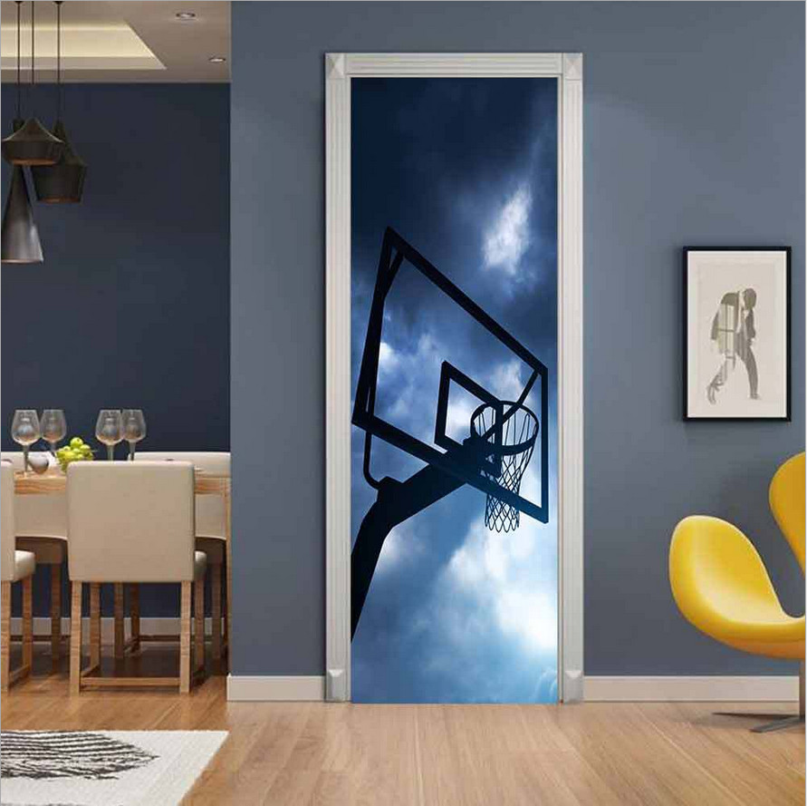 Self Adhesive Door Sticker Dark Sky Basketball Stand Wall Decor Mural Wallpaper