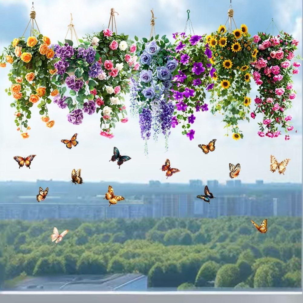 Floral Basket Birds Butterfly Static Cling Window Stickers Easy to Reposition