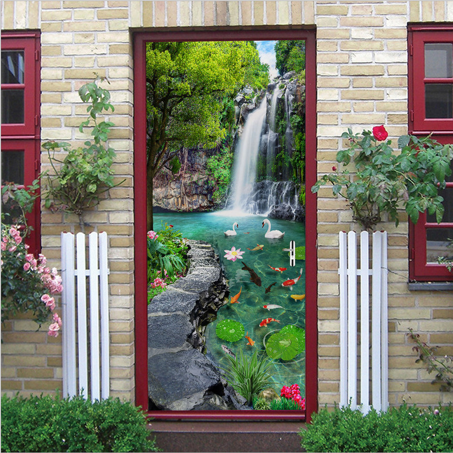 3D Self Adhesive Green Forest Waterfall Door Sticker Wall Decor Mural Wallpaper