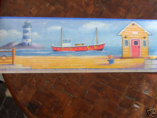 SEASCAPE W/ LIGHTHOUSE, BEACH COTTAGE & SAILBOAT WALLPAPER BORDER. NEW!